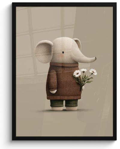 Poster in lijst - Fotolijst 50x70 cm - Posters - Olifant - Witte bloemen - Kindvriendelijk - Posterlijst zwart - Decoratie - Wanddecoratie woonkamer - Muurdecoratie slaapkamer