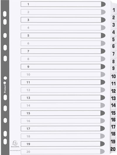 Exacompta 15x Bedrukte tabbladen karton 160g - geplastificeerde tabs - 20 tabs - 1 tot 20 - A4 - Wit - MWD1-20Z
