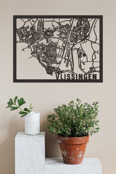 Houten Stadskaart Vlissingen Zwart Mdf 100x75cm Wanddecoratie Voor Aan De Muur City Shapes