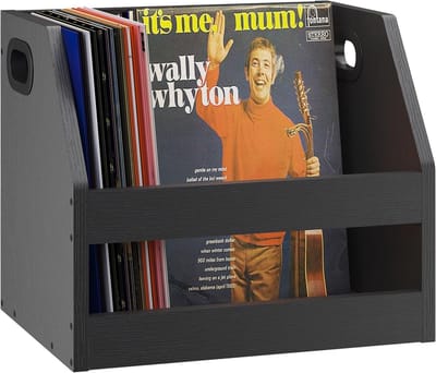Houten Organizer voor Vinyl Albums en Boeken, Trapeziumvormige Houder met Handvat, Desk Organizer voor Fotoalbums en Documenten, Zwart, 38 x 29 x 29 cm