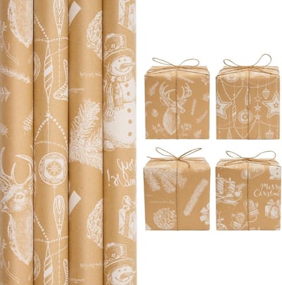 SnelShoppen - Kraft Cadeau Inpakpapier Kerst - 4 Rollen 43cm x 3m - Recyclebaar Cadeaupapier met Witte Feestelijke Patronen voor Kerstdecoratie en Cad