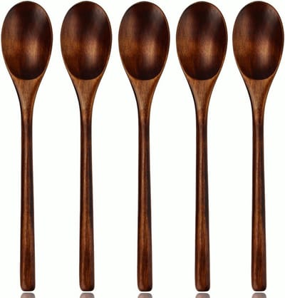 Houten lepels - 5 houten lepels met lange steel - Theelepels - Salade Lepels - Soeplepels - Huishoudbestek - Geschikt om te eten, roeren, bakken en koken
