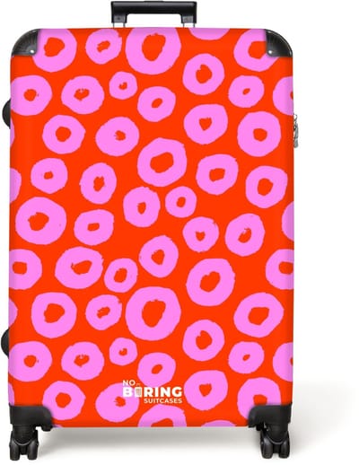 NoBoringSuitcases.com® - Koffer groot - Reiskoffer lichtgewicht - Roze cirkelpatroon met hartjesvulling op rood - Rolkoffer met 4 wielen - Grote trolley XL - 98 liter bagage