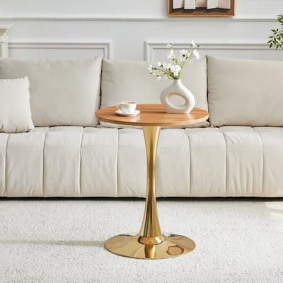 Ronde bijzettafel/eettafel van 60 cm, gemaakt van MDF: tafelblad vervaardigd met hoogwaardige thermovormtechnologie, natuurlijke houtnerfstructuur, goudkleurige voet – speciaal ontworpen voor woonruimtes.
