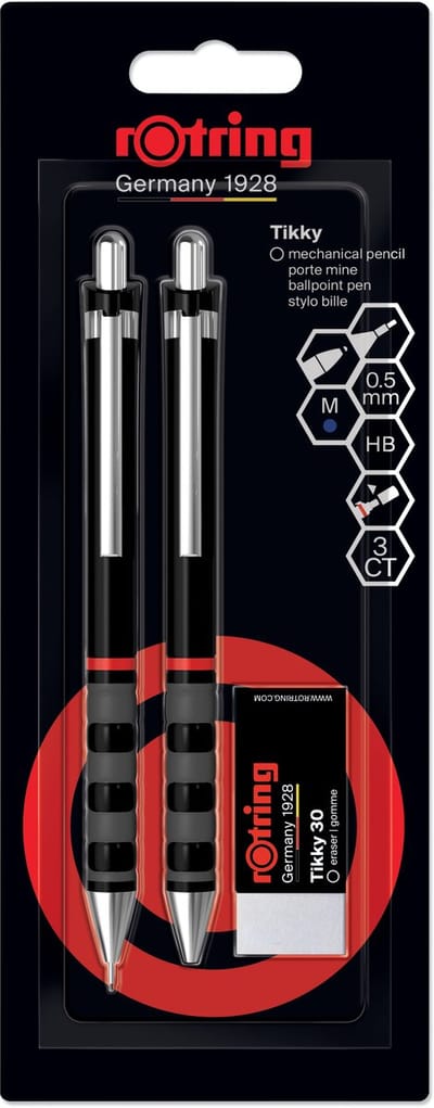 rOtring Tikky vulpotlood-, balpen- en gomset | Grafiet HB, 0,5 mm potlood | Pen met medium punt | Zwarte huls | Lichtgewicht met rubberen grip