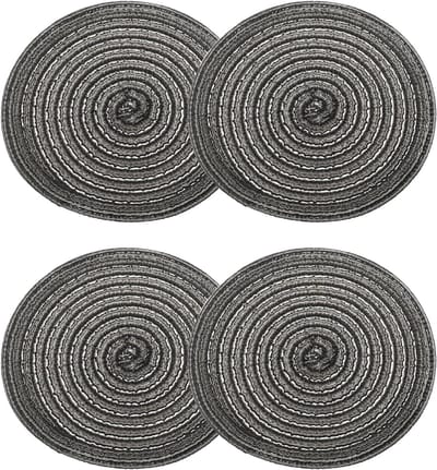 Placemats 18 cm, ronde placemats voor eettafels, wasbare hittebestendige geweven placemats voor binnen en buiten voor vakantiediner, zwart-grijs
