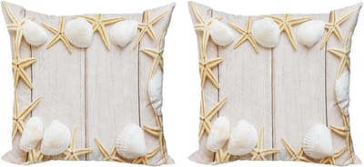 ABAKUHAUS Decoratieve kussenhoes met schelpmotief, 2 stuks, rustieke houten achtergrond, 40x40 cm, crème en beige