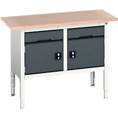Werkbank Bott verso, multiplexplaat, 2 laden en 2 deuren, B 1500 x D 600 x H 830 - 930 mm, RAL 7035 lichtgrijs / antracietgrijs