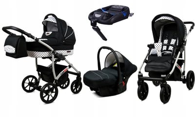 BabyLux® Kinderwagen 4in1 – LARGO - BLACK DOTS SILVER FRAME - Opklapbare Wandelwagen incl. Reiswieg, Multifunctionele Buggy Sportstoel, Autostoel, ISOFIX basisstation - Combi-kinderwagen met Luiertas, Regenhoes, Klamboe