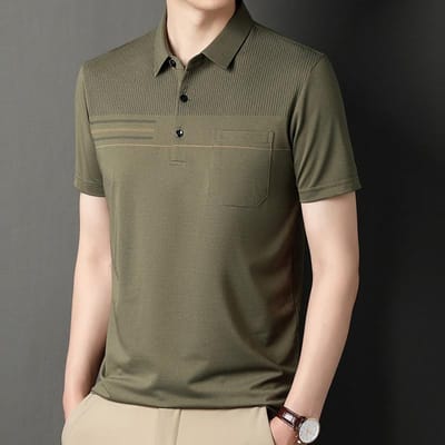 Zomerkleding voor papa Revers T-shirt met korte mouwen Heren Zak Tops met halve mouwen Gestreept Zakken Heren Poloshirt Herenkleding XL groen