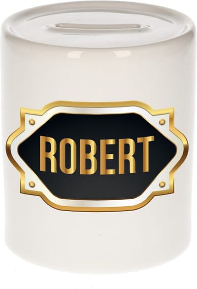 Spaarpot met voornaam Robert - wit - met goud/zwart embleem - 8 x 9 cm - keramiek - met afsluitdop - cadeau verjaardag