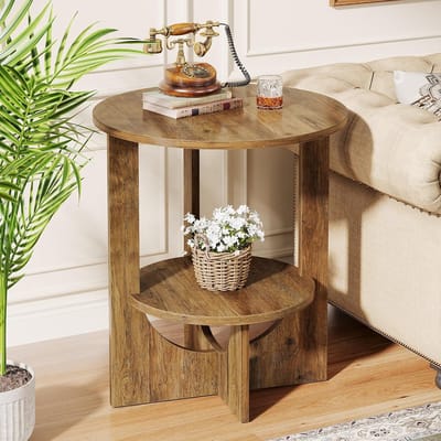 Tribesigns Ronde Bijzettafel - 50×50×65cm - Twee Lagen Bankbijzettafel met Opbergruimte - Bruin - voor Woonkamer, Slaapkamer en Bank