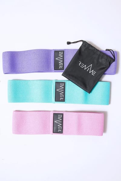 REVIVE - set van 3 stuks - weerstandsband / booty band / loop band / (cotton) resistance band / workout band,  licht / medium / zware weerstand, kleur paars, mint en roze.