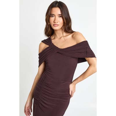 boohoo Dames Twist Bardot geraffelde maxi-jurk | Chocolate | Maat: 8