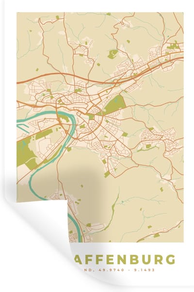 Muurstickers - Sticker Folie - Plattegrond - Vintage - Afschaffenburg - Kaart - Stadskaart - 20x30 cm - Plakfolie - Muurstickers Kinderkamer - Zelfklevend Behang - Zelfklevend behangpapier - Stickerfolie