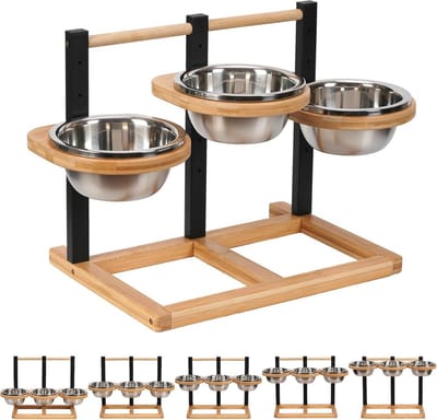 Honden voerbak - Verhoogde bakken - Comfortabel eten - 5 Hoogte instellingen - 3 x 1.4L - Houtkleur