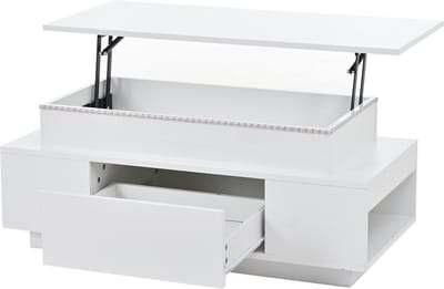 Salontafel - Koffietafel - In hoogte verstelbaar met lift - Verborgen opbergruimte en lade - LED verlichting - Woonkamer en kantoor - 96x45x40cm - Wit