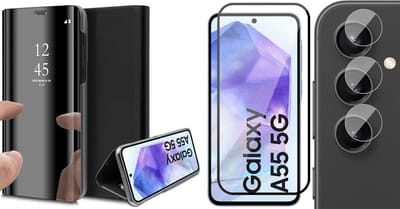 Hoesje geschikt voor Samsung Galaxy A55 - Screenprotector Volledig Dekkend Glas & Camera - Spiegel Book Case Zwart
