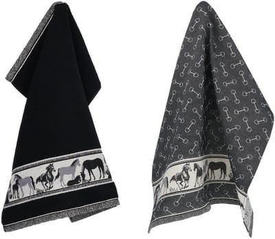 Luxe Keukendoek en Theedoek Paard Zwart GOTS van Bunzlau Castle | 100% Biologisch Katoen | Keukendoek 60x53cm en Theedoek 65x65cm