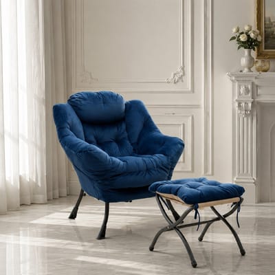 Ligstoel - Fauteuil & Poef Set - Ontspanningsstoel - Relaxstoel - Loungestoel - Comfortabele TV-stoel - Donkerblauw