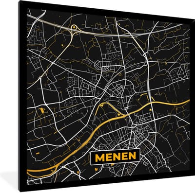 Fotolijst incl. Poster - Menen - Plattegrond - Goud - Stadskaart - Kaart - 40x40 cm - Posterlijst