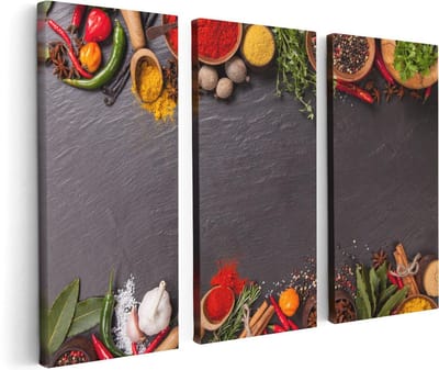 Artaza Canvas Schilderij Drieluik Verschillende Kruiden Op Een Zwarte Tafel - 120x80 cm - Wanddecoratie Woonkamer - Schilderijen - Muurdecoratie