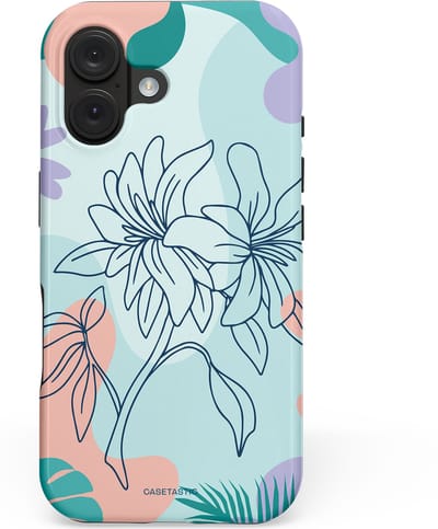 Casetastic hoesje geschikt voor Apple iPhone 16 - MagSafe - Dubbellaagse bescherming - Mint Bloemprint - Fashion Case - Lichtgrijs Turquoise Perzik Lila