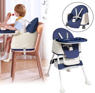 Froadp Multifunctionele kinderstoel Kinderstoel Kinderstoel voor baby's Combi-kinderstoel In hoogte verstelbaar met 4 wieltjes, 3-voudig tafelblad & afneembare zitting, voor kinderwagens - Type B Blauw