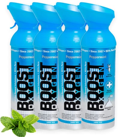 Boost Oxygen - Large 9L - Peppermint - 95% Pure Zuurstof - Tot wel 800 inhalaties van 1 sec - Ademhalingsondersteuning voor sport herstel, hoogte, prestaties en gezondheid - Zuurstoffles - 4x 9L (4 pak, 36L totaal)