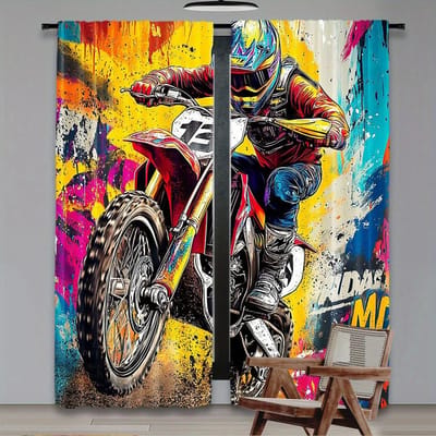 2 stuks - Offroad motorfiets moderne stijl kleurblokkerende kunst bedrukte gordijnen, tunnelzak huisdecoratie, kamerdecoratie 14Wx39L(35x100CM)x2 yellow