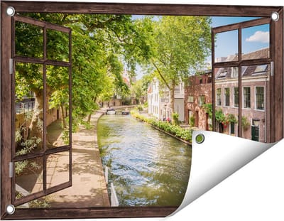 Gards Tuinposter Doorkijk Oudegracht in Utrecht - 60x40 cm - Tuindoek - Tuindecoratie - Wanddecoratie buiten - Tuinschilderij