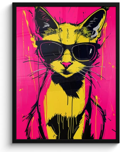 Poster in lijst - Fotolijst 50x70 cm - Posters - Kat - Art - Zonnebril - Roze - Posterlijst zwart - Decoratie - Wanddecoratie woonkamer - Muurdecoratie slaapkamer