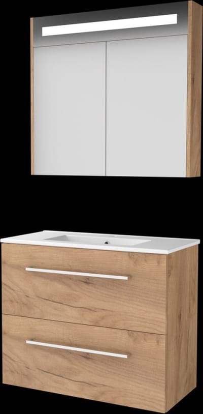 Basic Premium 39 badmeubelset met spiegelkast met geïntegreerde LED verlichting, wastafelonderkast met grepen, 2 lades en porseleinen wastafel met 1