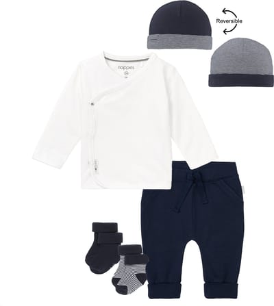 Noppies kledingset - 5delig - Broek Naupli donkerblauw - Shirt Little wit - Muts en 2 paar sokjes - Maat 56