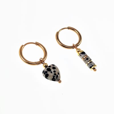 ∅16mm Oorringen met Dalmatische Jaspis Stenen - Verguld Stalen - Dames Oorbellen met Hart en Buis