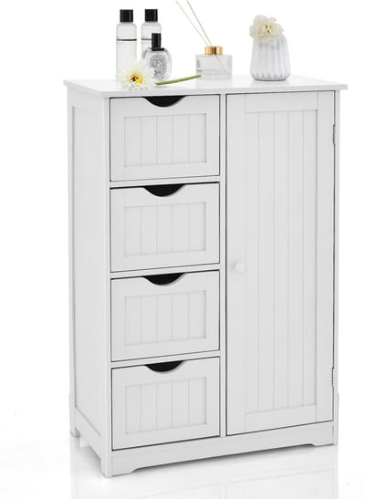 COSTWAY Badkamerkast met 4 laden en 1 deur, badkamerkast met verstelbare plank, magnetische deursluiting en kantelbeveiliging voor woonkamer, badkamer, 55 x 30 x 81 cm (wit)