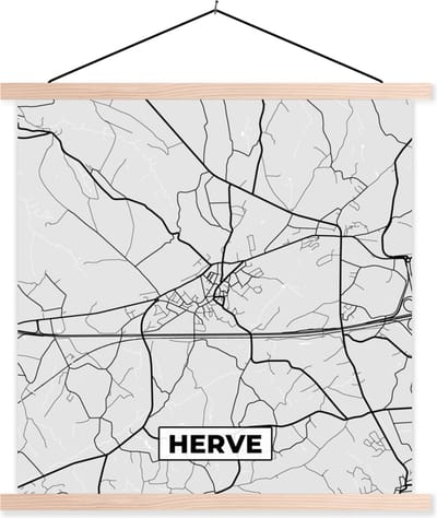Posterhanger incl. Poster 40x40 cm - Schoolplaat - Zwart Wit – België – Plattegrond – Stadskaart – Kaart – Herve - Textielposter - Blanke latten - Stadskaart