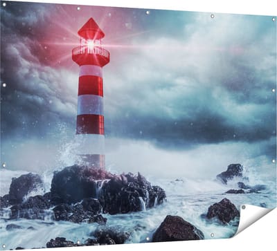 Gards Tuinposter Vuurtoren tijdens een Storm - 160x120 cm - Tuindoek - Tuindecoratie - Wanddecoratie buiten - Tuinschilderij