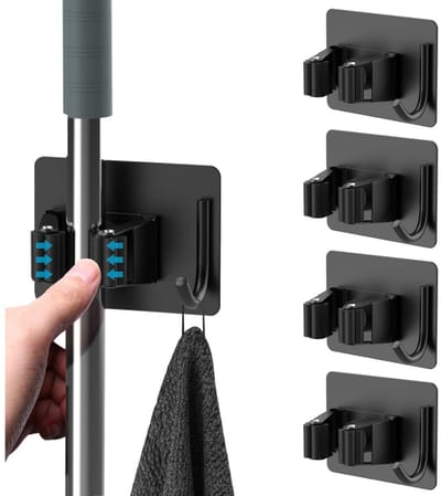 Daity 4-pack - zelfklevende dweil- en bezemhouder van roestvrij staal 304 - geen boren nodig - superhandige en eenvoudige oplossing voor het opbergen van badkamergereedschap（Zwart）