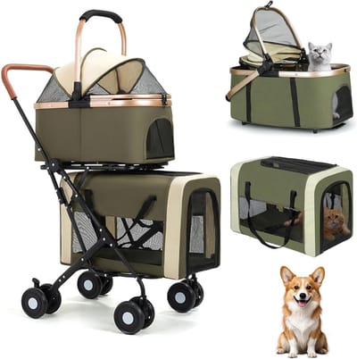 Huisdier Reisbuggy - Honden Kattenwagen - Comfortabel Reizen - Afneembare Draagtassen - Tot 15kg - Groen