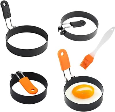 Set van 4 Ronde Omeletvormen van RVS met Antislip, Eieren Bakken, Inclusief Siliconen Kookkwast voor Perfecte Omeletten