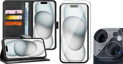 Hoesje geschikt voor iPhone 15 - Screenprotector GlassGuard & Camera Lens Screen Protector - Book Case Kunstleer Pasjeshouder Zwart