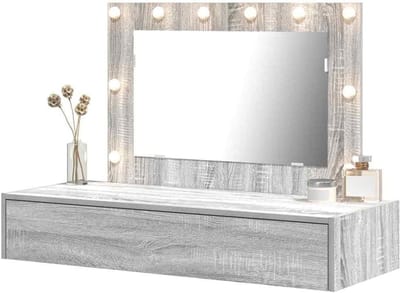 Kaptafel met spiegel - Make-up tafel - Schoonheidsverzorging - Ingebouwde LED-verlichting - 100 x 40 x 70 cm - Grijs Sonoma