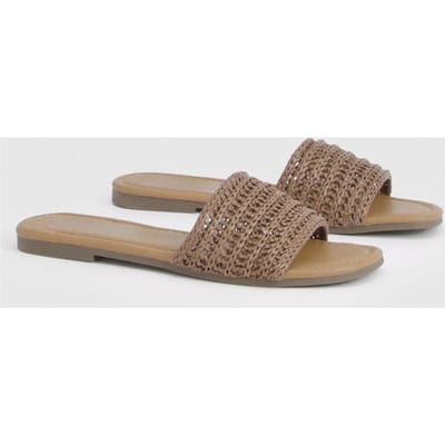 boohoo Dames Gehaakt Vierkante Teen Slippers | Beige | Maat: 41
