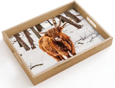 Dienblad hout 40x30 cm - Schootdienblad - Schotse Hooglander - Sneeuw - Winter - Natuur - Dieren - Borrelplank rechthoek - Plateau dienbladen