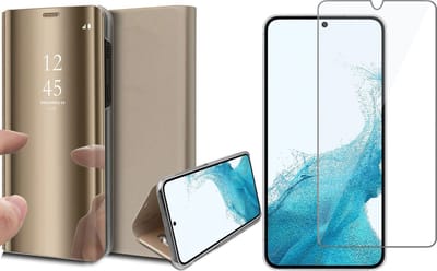 Hoesje geschikt voor Samsung Galaxy S22 - Book Case Spiegel Wallet Cover Hoes Goud - Tempered Glass Screenprotector