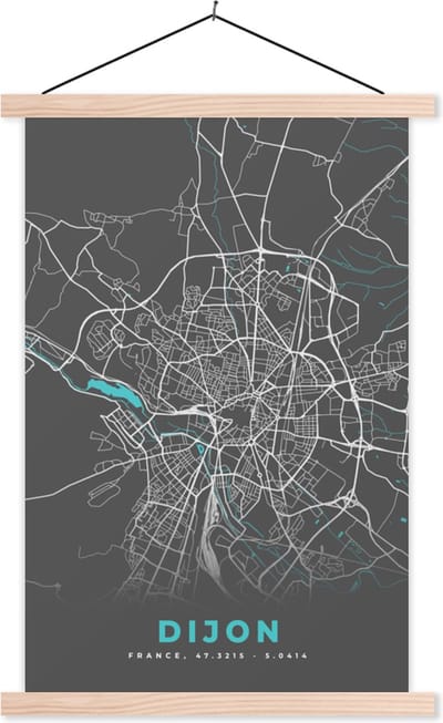 Posterhanger incl. Poster 40x60 cm - Schoolplaat - Dijon - Frankrijk - Kaart - Stadskaart - Plattegrond - Textielposter - Blanke latten - Stadskaart
