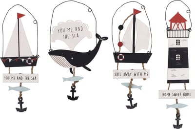 CGB GIFTWARE FINEST CATCH Set of 4 Wooden Hangings ‘Home Sweet Home’, ‘You Me and The Sea’and ‘Sail Away With Me’ H11xW9xD0.2cm