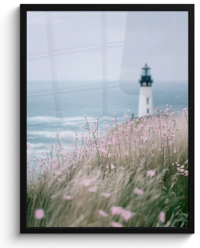 Poster in lijst - Fotolijst 60x80 cm - Posters - Vuurtoren - Klif - Zee - Bloemen - Posterlijst zwart - Decoratie - Wanddecoratie woonkamer - Muurdecoratie slaapkamer