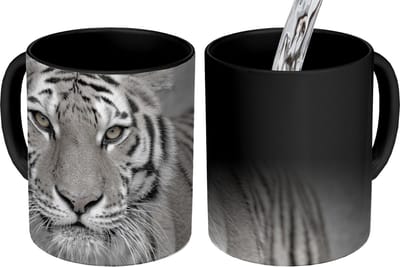 Magische Mok - Foto op Warmte Mokken - Koffiemok - Tijger - Natuur - Zwart - Wit - Magic Mok - Beker - 350 ML - Theemok
